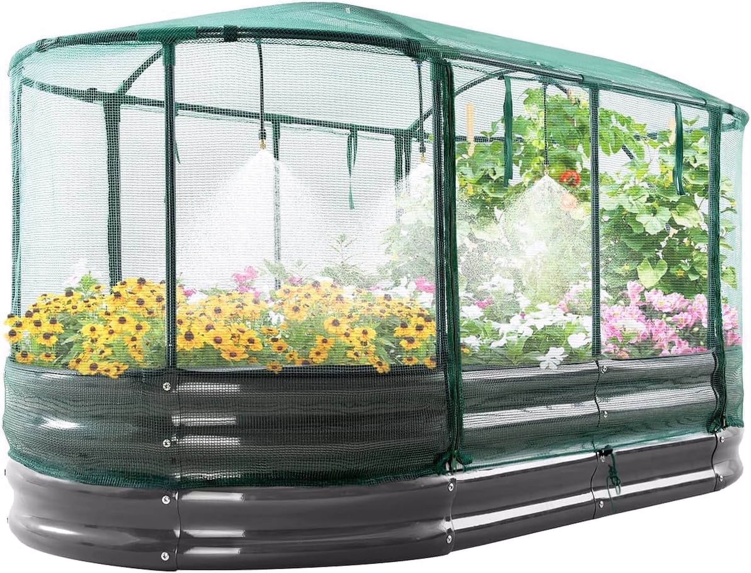 Quictent 8x3x1 ft Galvanized Raised Garden Bed Kit with Self Watering System and Mesh Cover, Large Oval Metal Outdoor Planter Garden Boxes for Vegetables Herbs Flowers