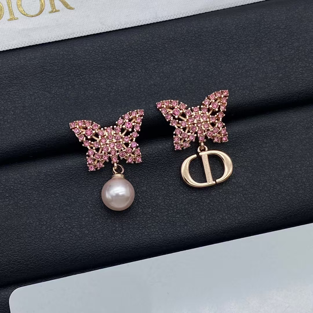 Dior Asymmetric Rose Gold-Finish Pink Butterfly Earrings - Original Replica Club