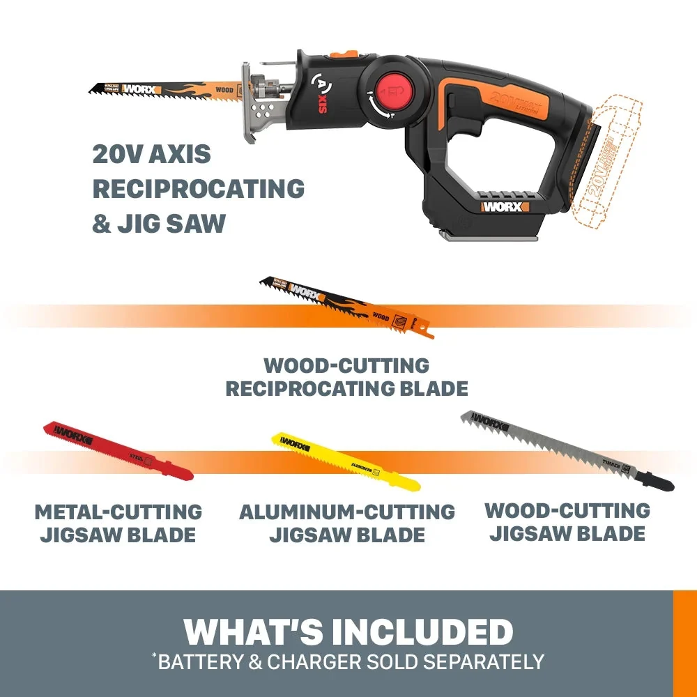 Worx 20V Power Share Axis Cordless Reciprocating & Jig Saw - WX550L.9 - Image 6 Worx 20V Power Share Axis Cordless Reciprocating & Jig Saw - WX550L.9 - Image 6