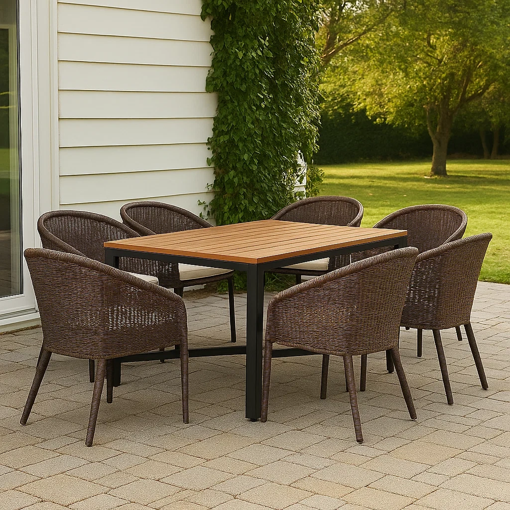 Mesa y sillas de jardín,7 asientos,con estructura metálica y asiento de ratán,color marrón,y mesa de madera,color natural,mesa 160x90x75 cm,sillas 60x60x85 cm. - yNSm3BiSeL77