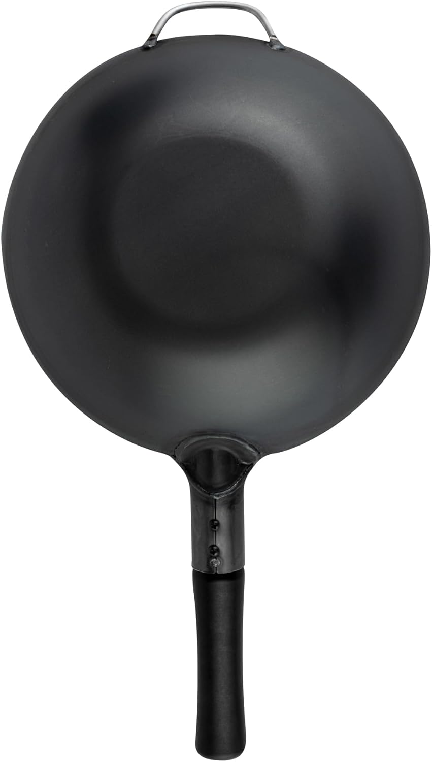 Restaurantware Carbon Steel Wok 1 Pack of 11.6 Inch Heavy-Duty Uniform Heat Distribution Pan Induction Compatible Flat Bottom Wok Welded Handle Black For Gas Stovetops And Grills