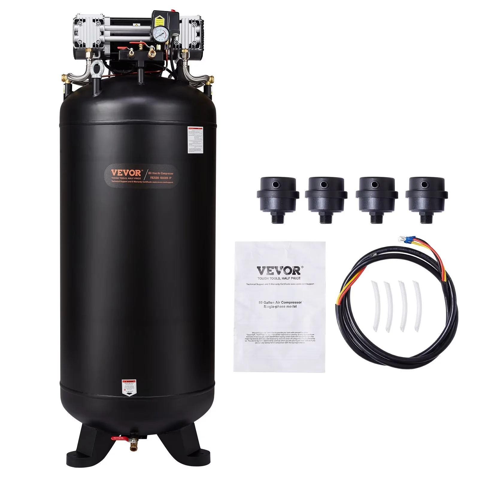 VEVOR 80 Gallon Oil-Free Air Compressor, 6.5 HP, 15.5 SCFM at 90 PSI, 145 PSI - FB3500-10A300-1P
