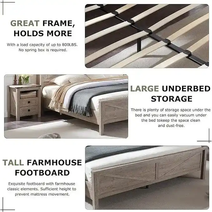 Farmhouse Platform Bed with Storage Headboard Sliding Doors and Charging Station