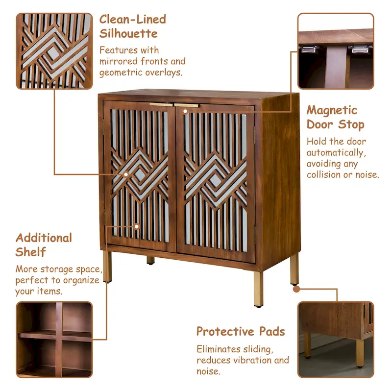 COZAYH Rustic Farmhouse Accent Cabinet with Geometric Mirror Fronts