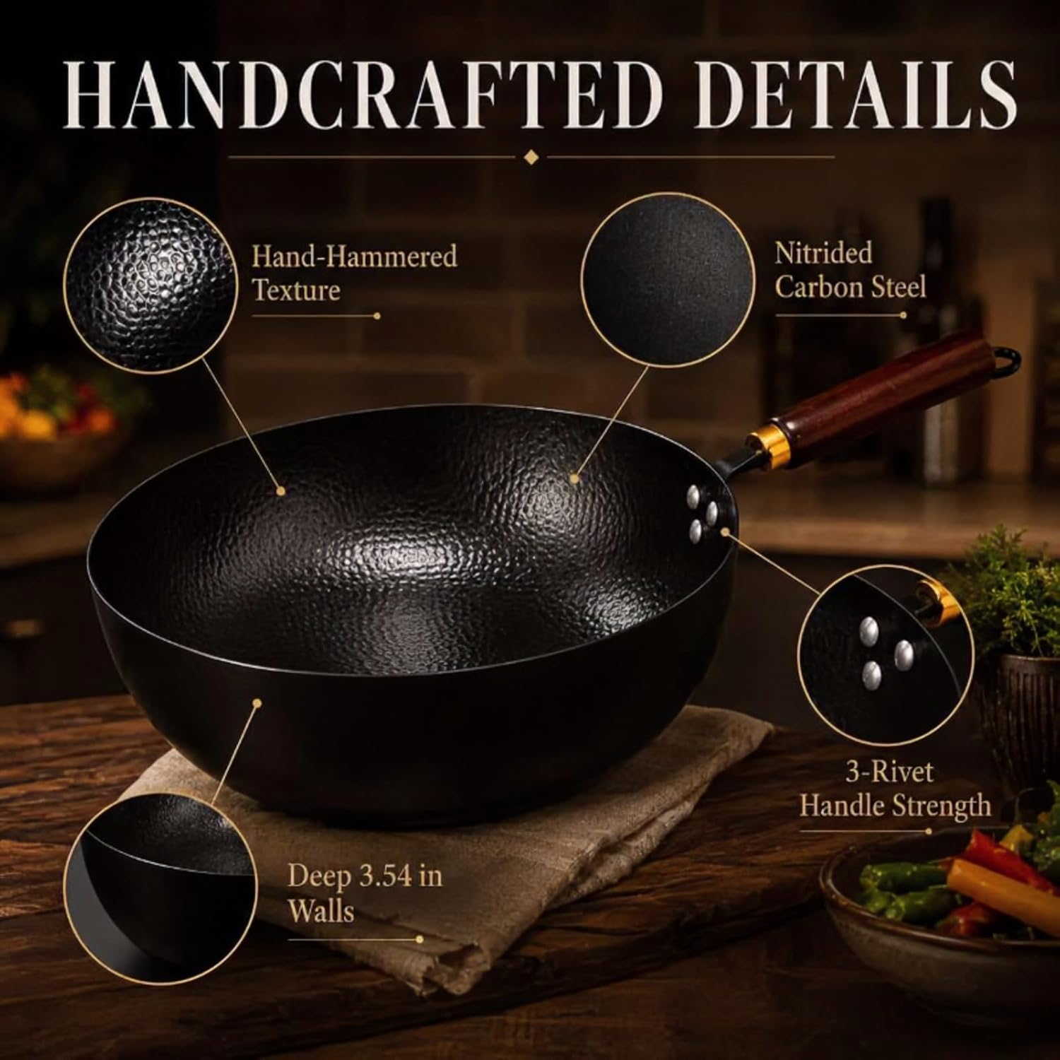 Calmabode Carbon Steel Wok with Lid, 10 Inch Hand Hammered Deep Flat Bottom Wok Pan, Pre-Seasoned Nitrided Stir Fry Pan, Detachable Handle, Oven Safe, All Stovetops, Induction Compatible