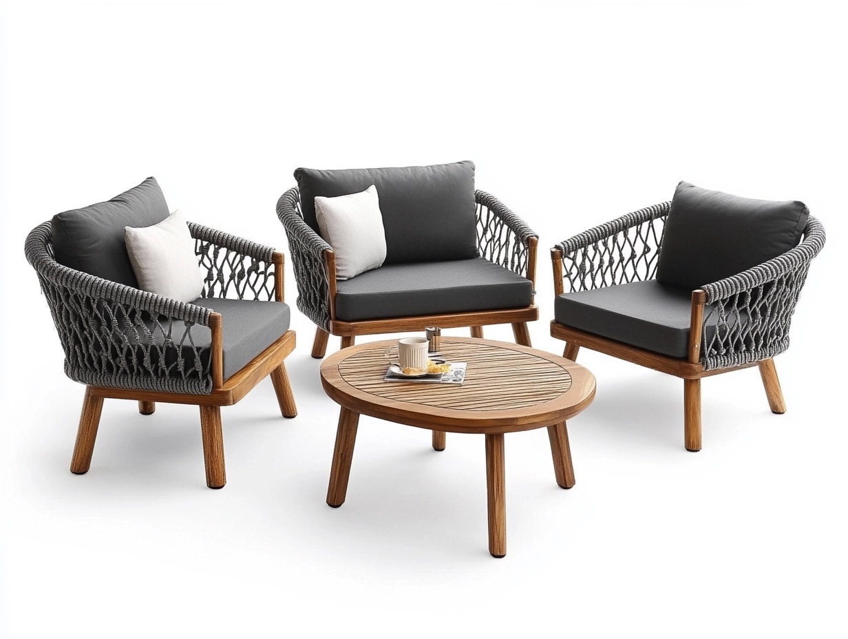 Conjunto de muebles de jardín moderno de 4 piezas con sillas y sofá de cuerda gris mesa de centro redonda madera 130x80x75cm para terraza y exterior fz3124807