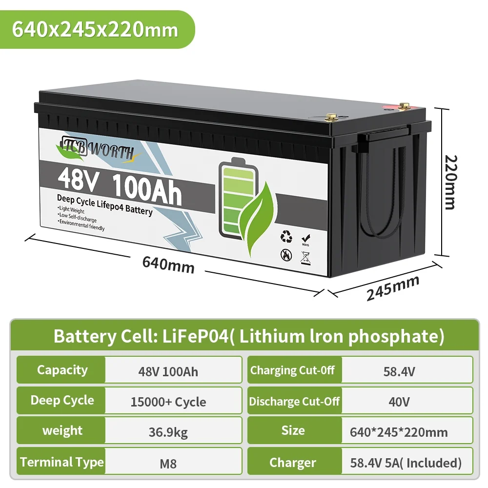 48V 100Ah LiFePO4 Lithium Battery Bluetooth,TCBWORTH Golf Carts Batteries for RV,Camping,Solar,Marine,Home Energy Storage,Built in 200A BMS,15000+Deep Cycles,2C Rate Discharging