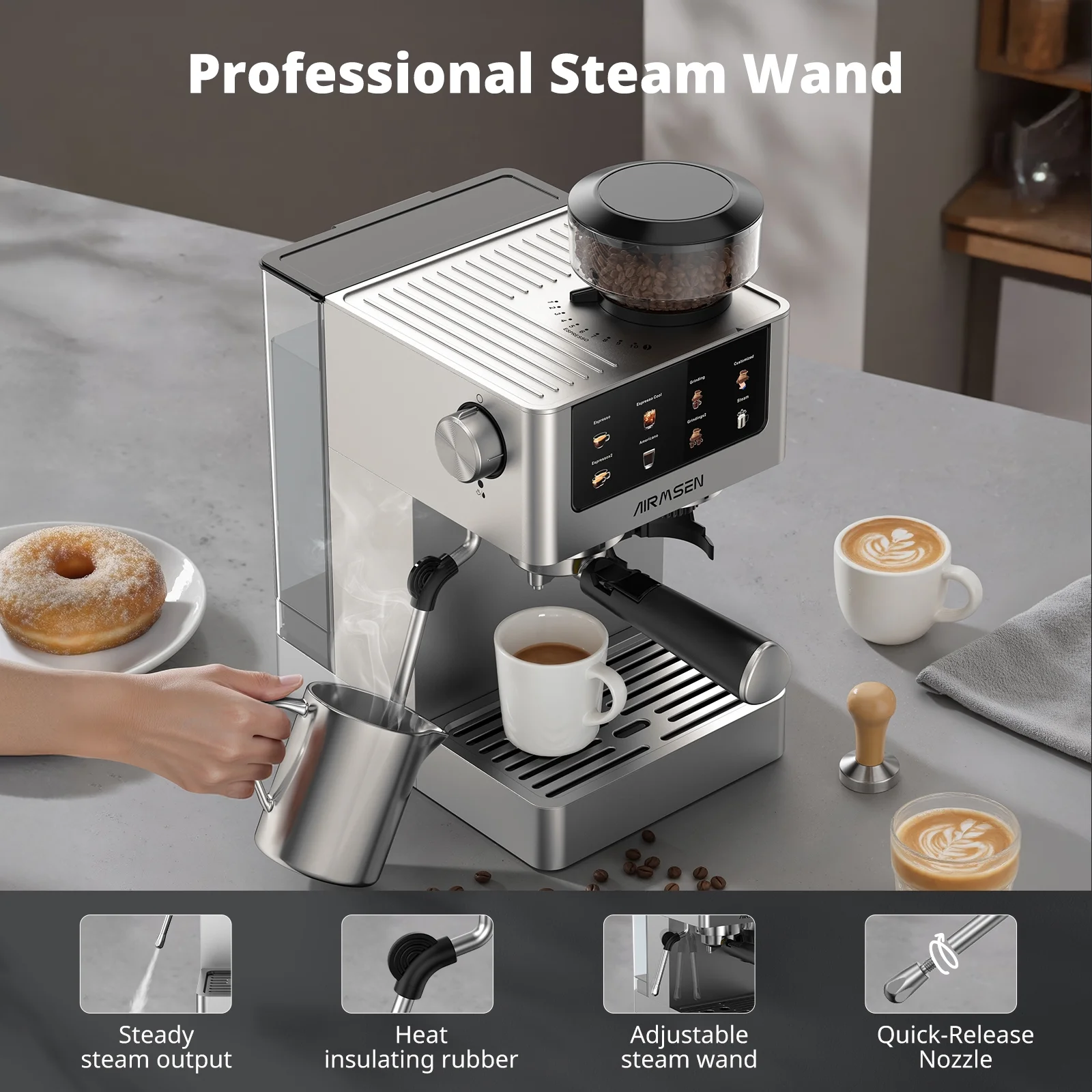 AIRMSEN Espresso Machine with Grinder, Espresso Coffee Machine with Customized Grind Amount & Coffee Volume, Cold Brew Coffee Maker for Cappuccino Latte Americano, Brushed Stainless Steel - Image 8