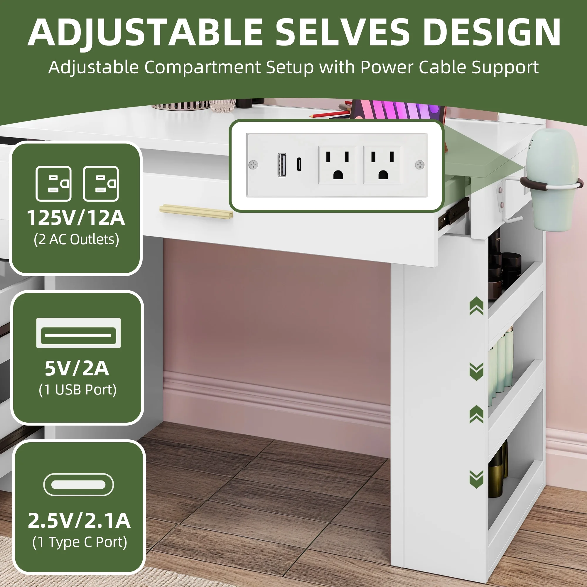 Uforic Makeup Vanity Desk with Mirror & Lights, Vanity Desk with 4 Drawers & Storage Shelves - White - Image 8