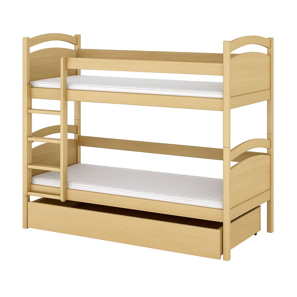 Cama Literas de Madera Natural con Cajón de Almacenamiento, Estructura Robusta, Diseño Moderno, Ideal para Habitaciones Infantiles, Espacio Eficiente