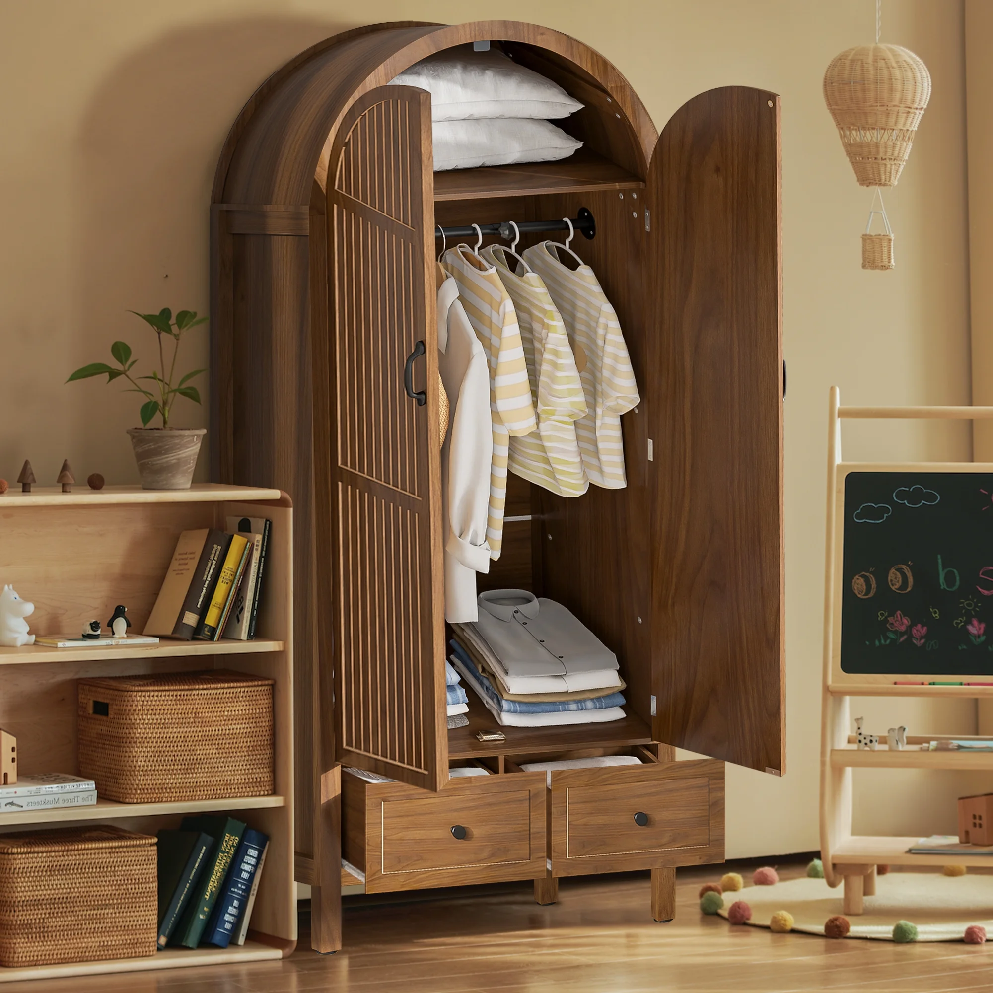 Oubayajia Arched Armoire Wardrobe Closet with Fluted Doors, Wooden Wardrobe Closet with Drawers, Shelves and Hanging Rod for Bedroom - Image 5