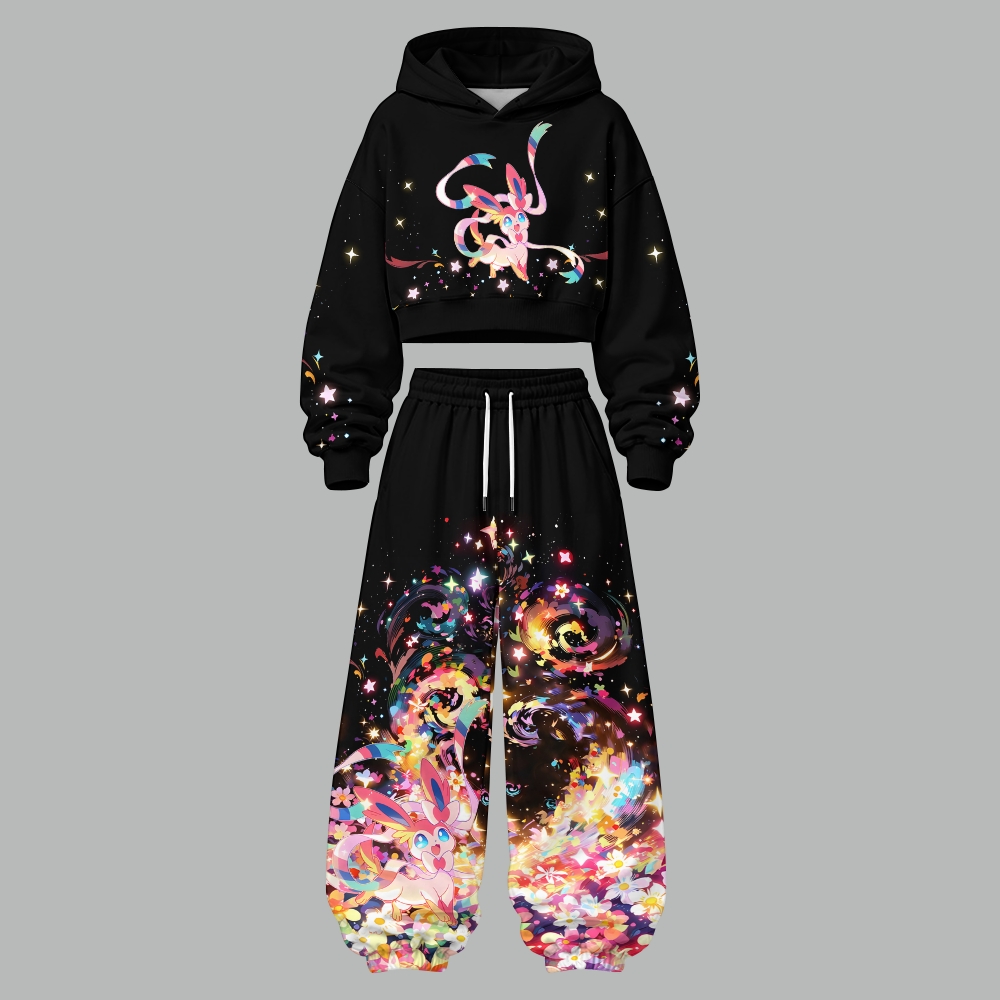 Pokémon Women's Cropped Long Sleeve Hoodie & High Waist Jogger Pants Two Piece Tracksuit Set TeeThreads Sustain the Scene with Custom Apparel
