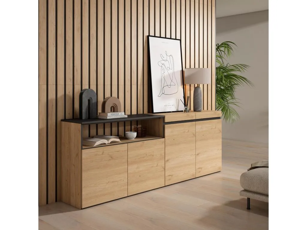 Aparadores para salón - 200x75x35cm - 4 Puertas - Armario - zapatero - Roble y negro