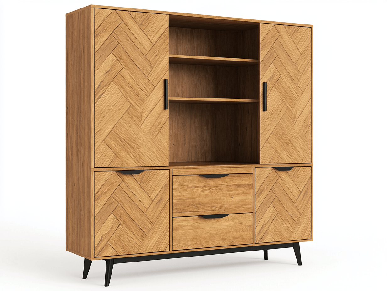 Librería Mid-Century 120×42×165 cm – diseño de madera con patrón espiga – estantes abiertos, cajones y armarios combinados