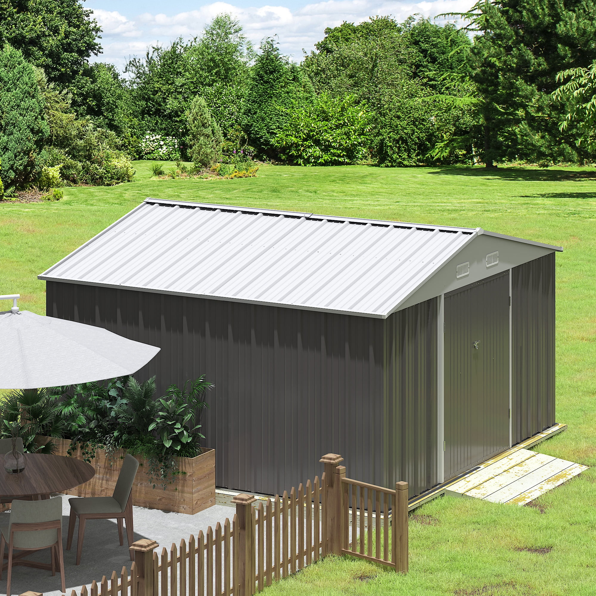 Devoko 10x8 Ft Metal Storage Shed, Lockable Steel Garden Shed for Patio Backyard Outdoor Tools, Brown - Image 7