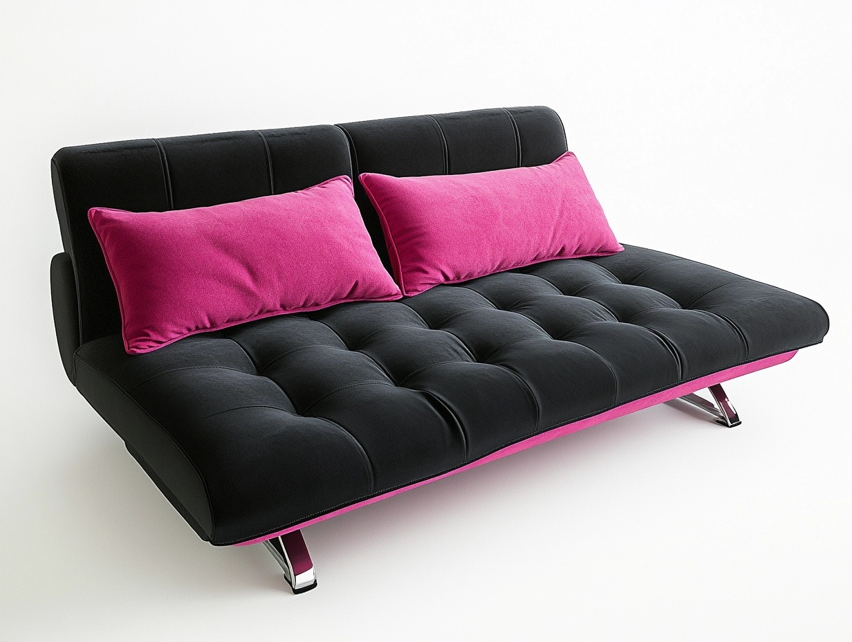 Sofá cama moderno de 190x90 cm para sala elegante multifuncional tapizado en tela negra y rosa con estructura metálica