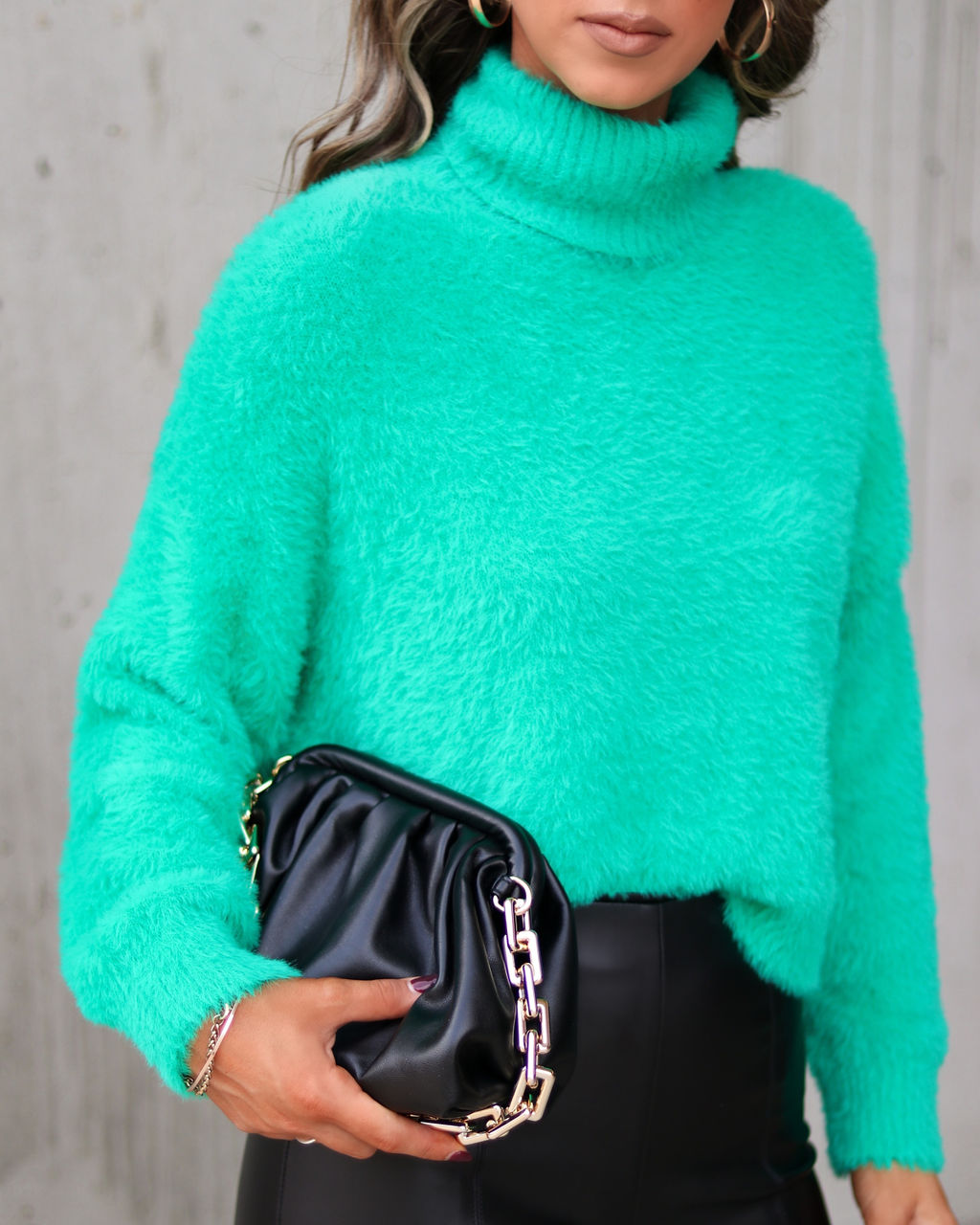 Kylee Fuzzy Knit Turtleneck Pullover Sweater - Green - Se7enfashion