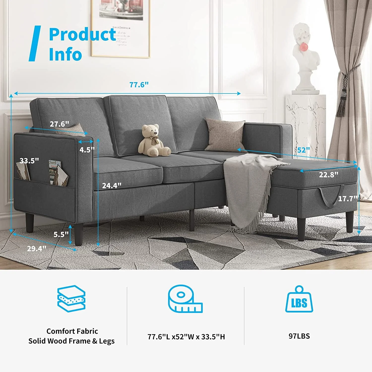 Mjkone Convertible Sectional Sofa Couch, L-Shaped Couch with Storage Ottoman, Couches for Living Room, Living Room Furniture Suitable for Small Space-Apartment/Upstairs Loft/Living Room (Dark Gray) - Image 3