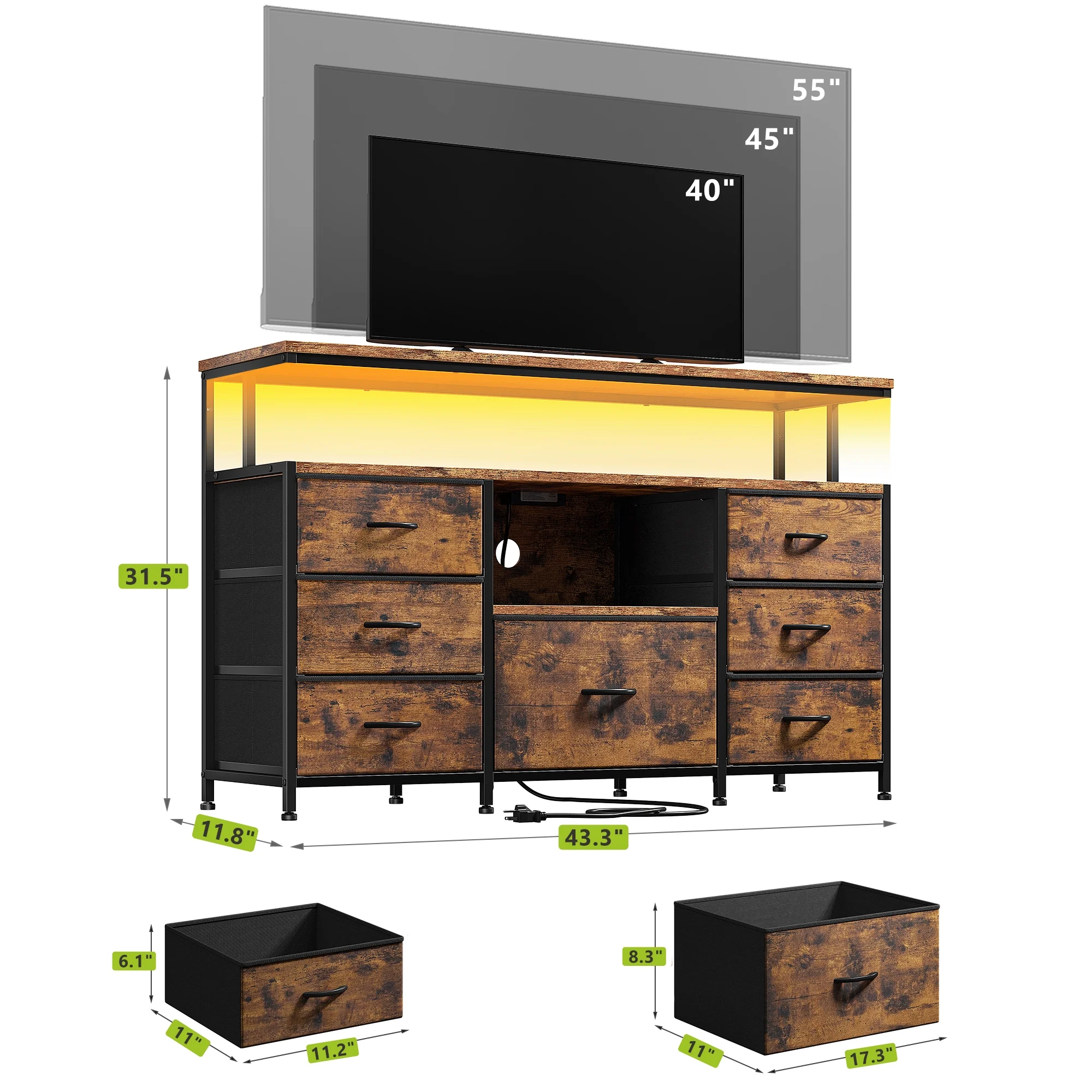 EnHomee Dressers for bedroom TV Stand with Power Outlets &LED Lights Wide Dresser with 10 Drawers&Side Pockets & Hook Fabric Chest of Drawers,Black - Image 12