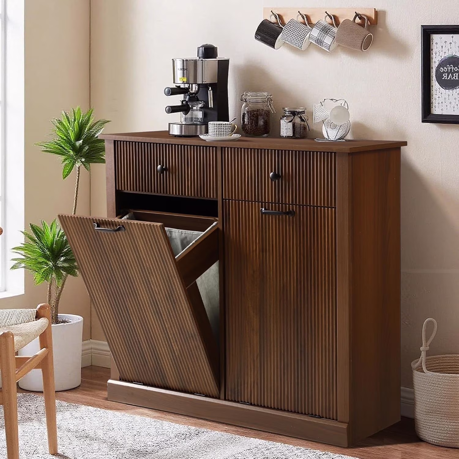 Haverchair Double Tilt Out Laundry Hamper Cabinet, Modern Fluted Trash Can Cabinets with Drawer, Wooden Hidden Garbage Cabinet for Kitchen and Bathroom - Image 3