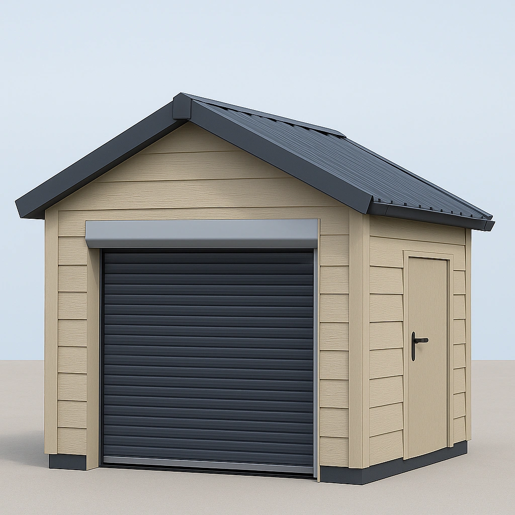 Garaje prefabricado + estructura cerrada con puerta enrollable + beige/gris oscuro + acero/compuesto sintético + exterior + 300x250x280 cm