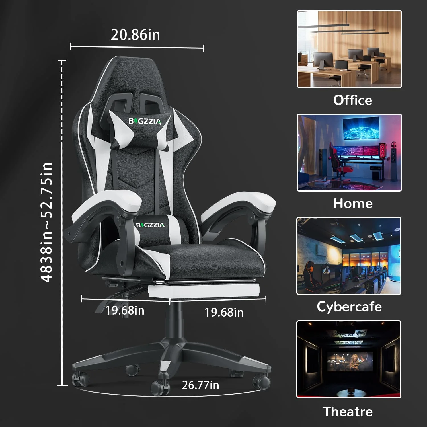 Bigzzia Gaming Chair Office Chair, Ergonomic Game Chair with Height Adjustable Headrest and Lumbar Support for Adults Teens, Black & White - Image 27