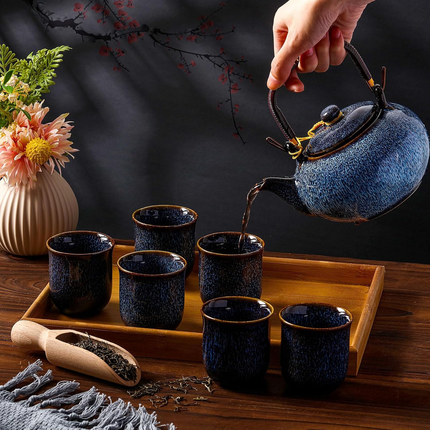 Layhit Japanese Asian Tea Set for Adults with 1 Teapot 6 Cups 1 Tray, 22 oz Traditional Portable Japanese Kiln Altered Glaze Porcelain Tea Set for Women Mother's Day Gifts(Blue)