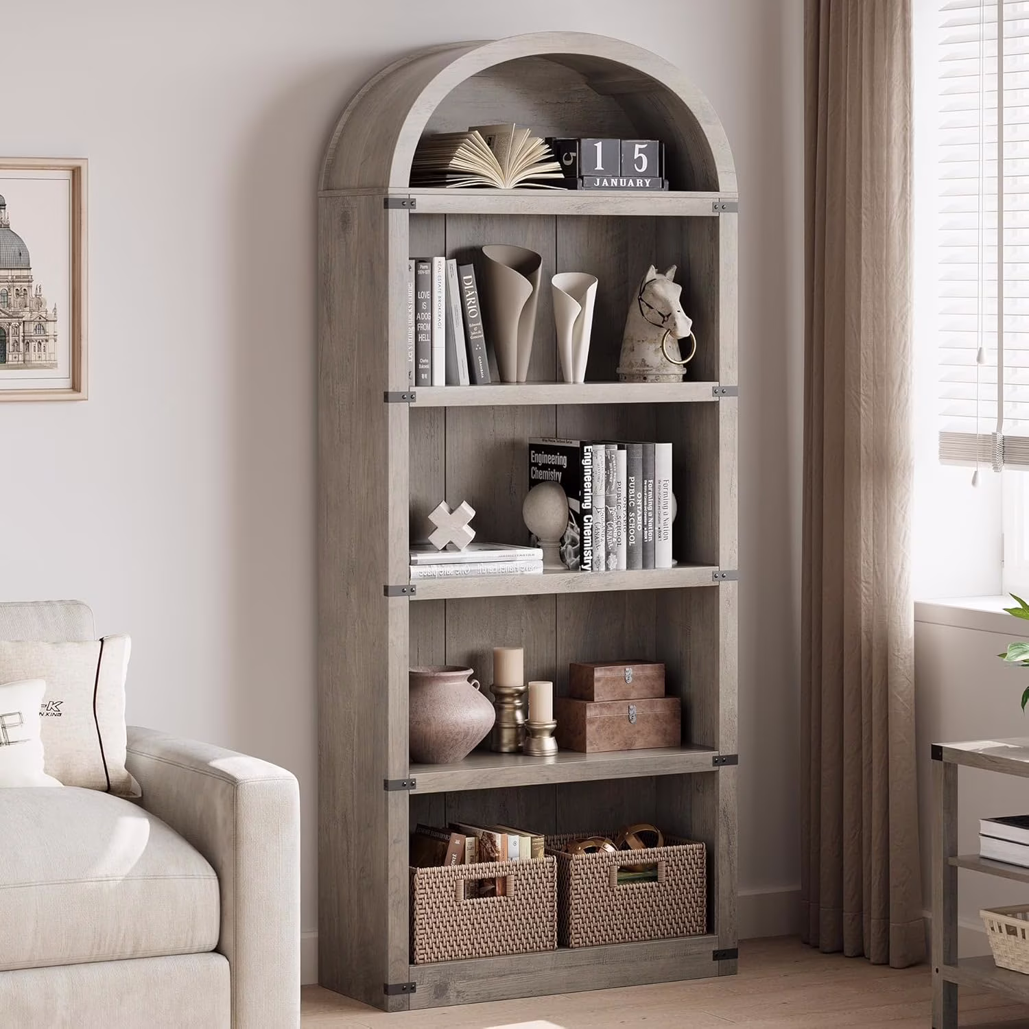 Bookcase 5 Shelf Arched Bookshelf 71.65in Tall Bookcase Farmhouse Display Storage Rack Wooden Bookshelves for Home Office, Living Room(white) - Image 3