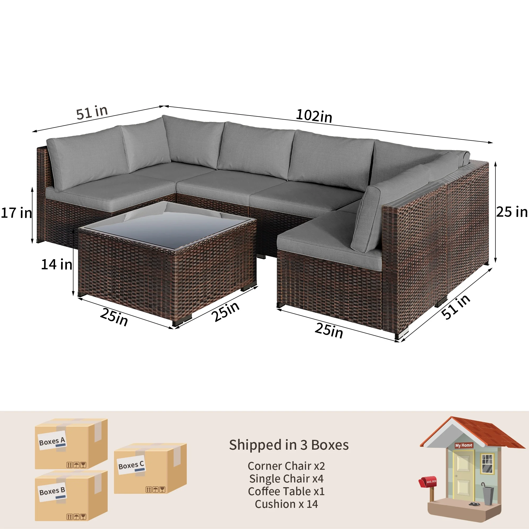Patio Furniture Set on Sale, Lofka 7-Piece Outdoor Sectional Furniture Set with Glass Coffee Table Garden, Gray - Image 4