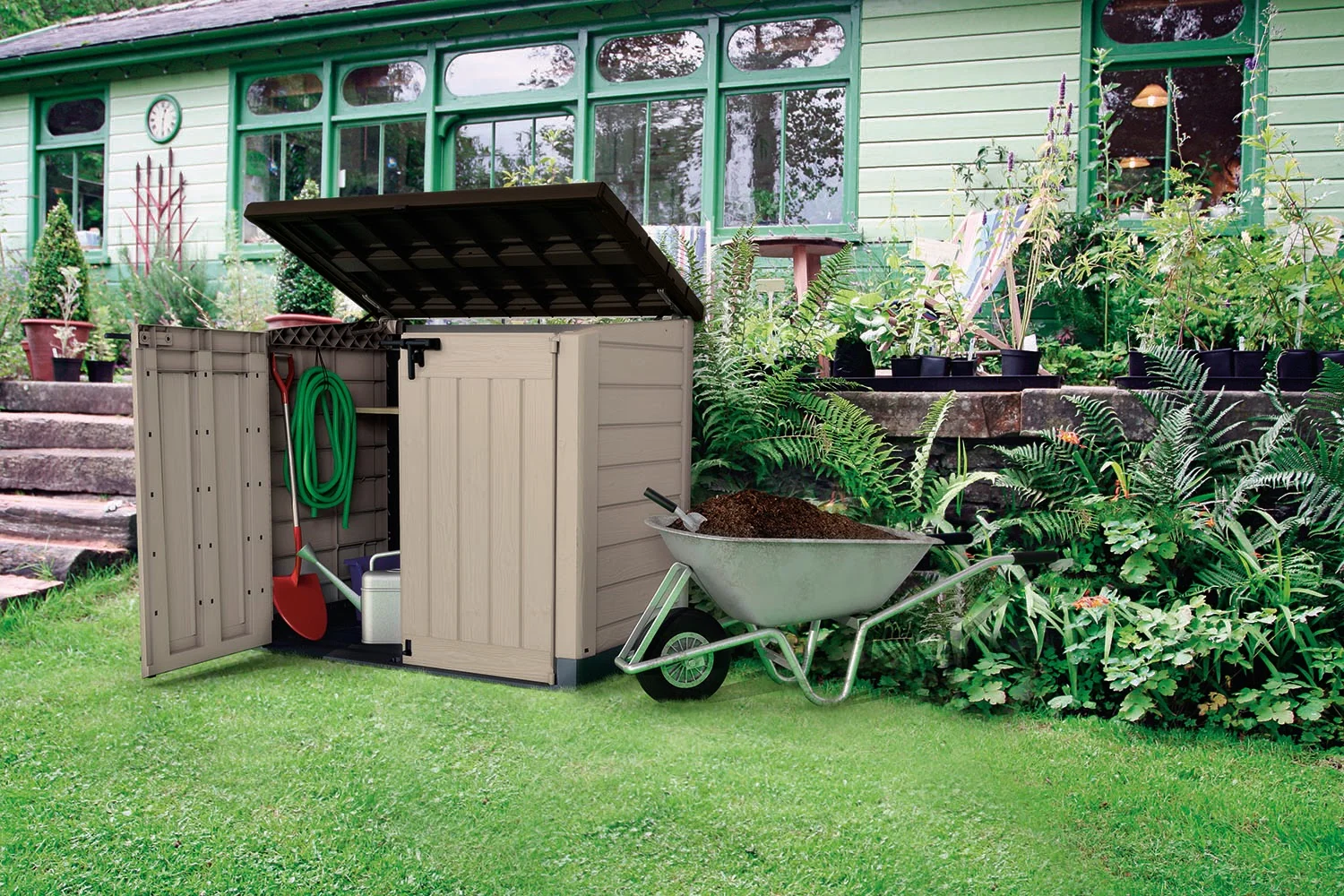 Keter Store It Out MAX Horizontal Durable Resin Outdoor Storage Shed With Heavy Duty Floor and Locking Latch and Double Doors, Beige - Image 5