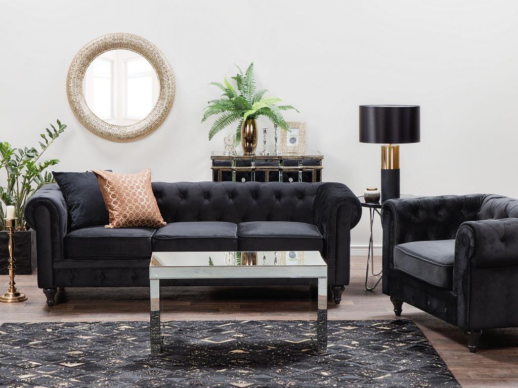 Conjunto de sala de estar 4 plazas de terciopelo negro CHESTERFIELD