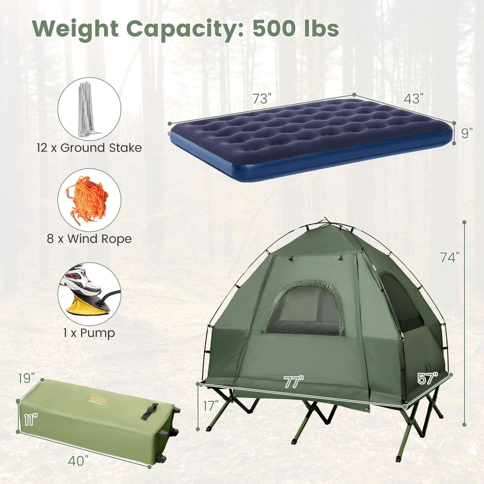 Gymax 2-Person Camping Tent Cot 5-in-1 Folding Camping Bed w/ Air Mattress Pillow Sleeping Bag - Image 3