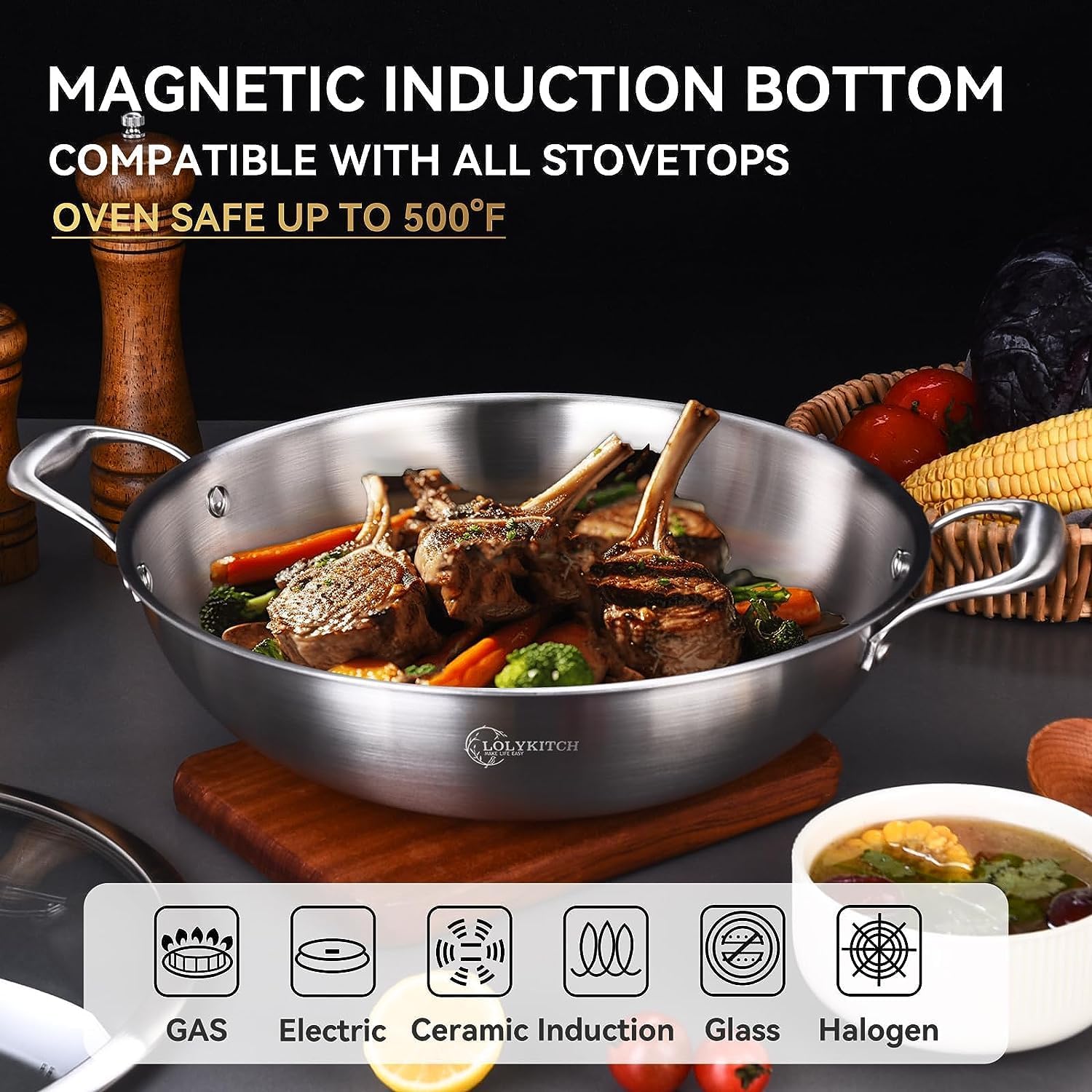 LOLYKITCH 11 Inch Tri-Ply Stainless Steel Wok Pan with Lid,Deep Frying Pan,Jumbo Cooker,Induction Wok,Suit for All Stoves,Dishwasher and Oven Safe.