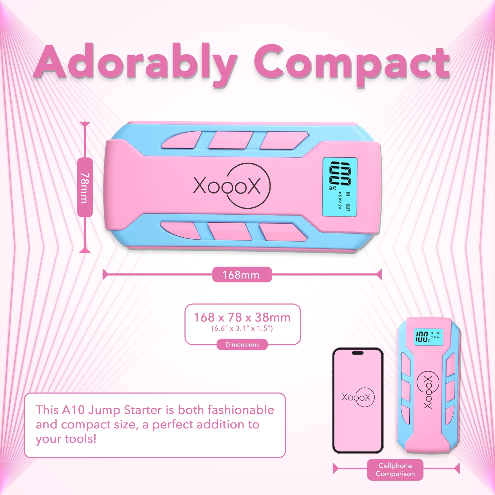XoooX Pink Portable Car Battery Jump Starter Kit with Jumper Cables, LED Light and Case; 12V Jump Start Battery Pack; Portable Battery Charger for USB/USB-C Devices - Image 2