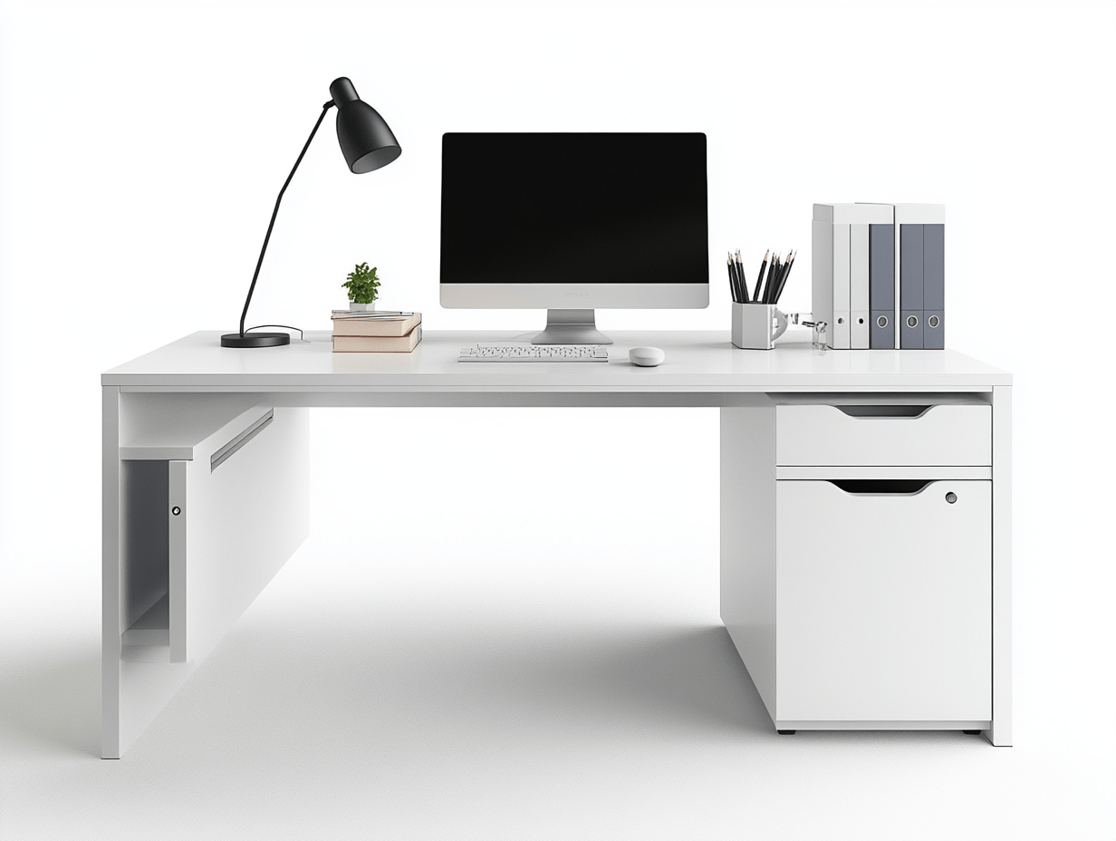 Escritorio blanco para ordenador 140×60 cm – con armario lateral y cajonera delantera – estilo moderno funcional