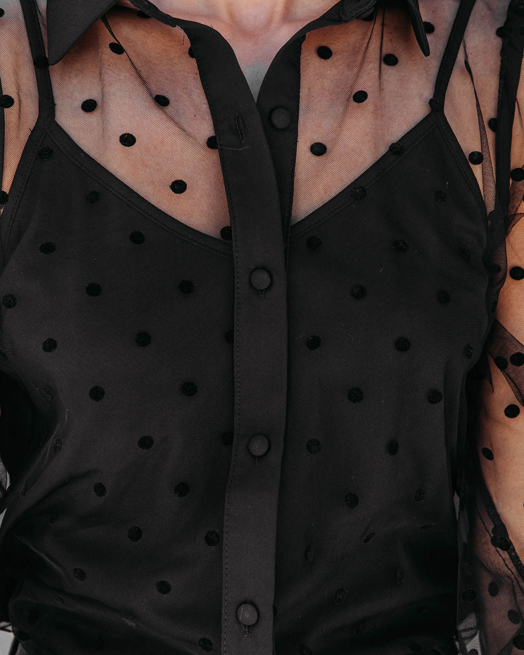 Bonjour Mon Amour Tulle Polka Dot Button Down Top - Black - Se7enfashion