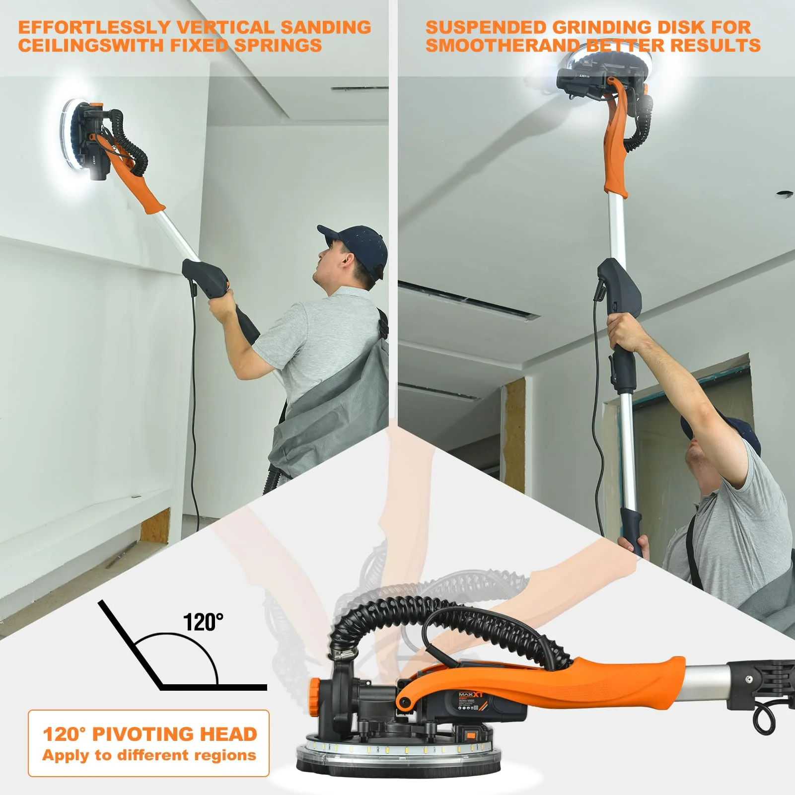 POVANLI 780W Electric Drywall Sander with Vacuum Dust Collection, 6.5A Motor Dustless Floor Sander with Variable Speed 900-1800RPM, LED Light, Extendable & Foldable Handle Yellow+Black - Image 12