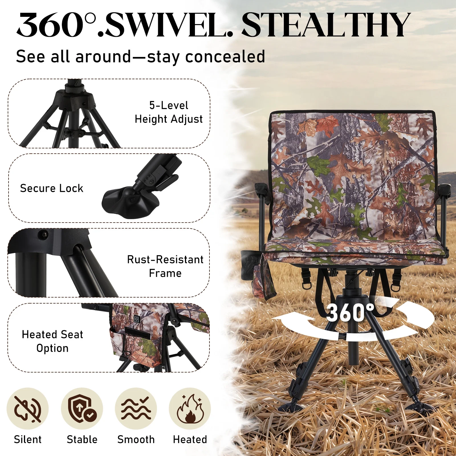 Danrelax 360- Silent Camo Hunting Blind Chair, Armrests, Side Pouch, Telescopic Legs - Image 57