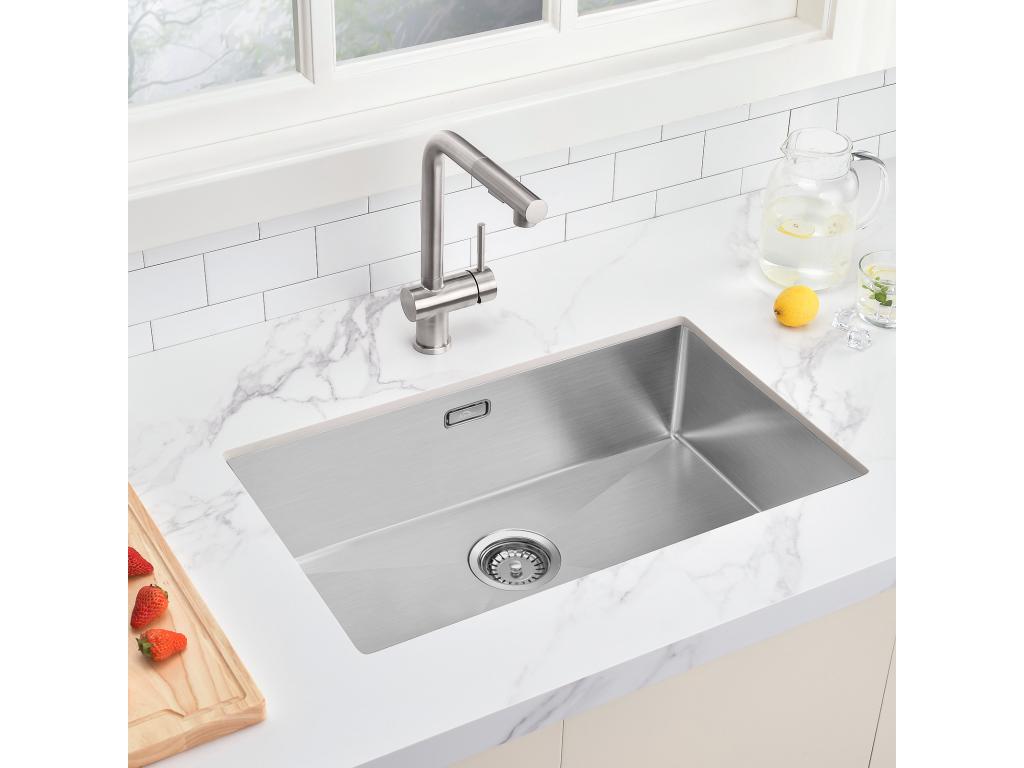 Fregadero de cocina 1 contenedor 70*44*19CM, para Empotrar/Fleur/Sous-Plan,con Siphon/Trop-Plein,Cepillado+ Grifo de Cocina Cromado Giratorio de 360°