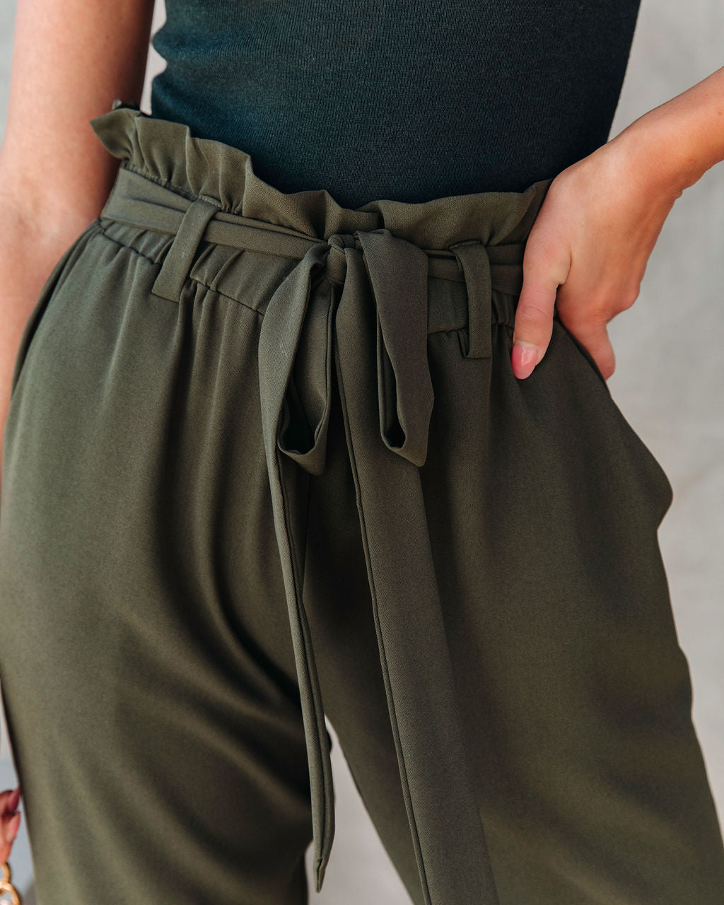 Busy As Usual Pocketed Paper Bag Pants - Dark Olive - Se7enfashion