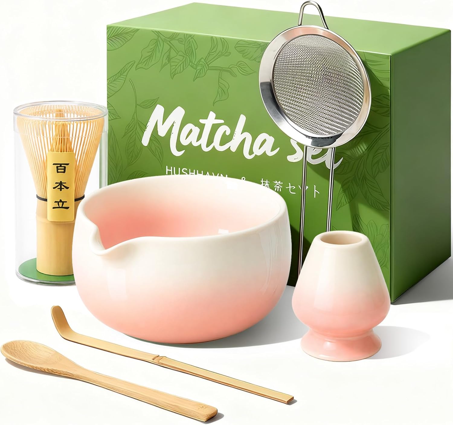 Matcha Whisk Set, Ceramic Matcha Set Includes Bowl & Holder, Bamboo Whisk (Chasen), Scoop, Spoon and Sifter, 6PCS Matcha Kit Covers Everything Needed for Making Matcha (Green)