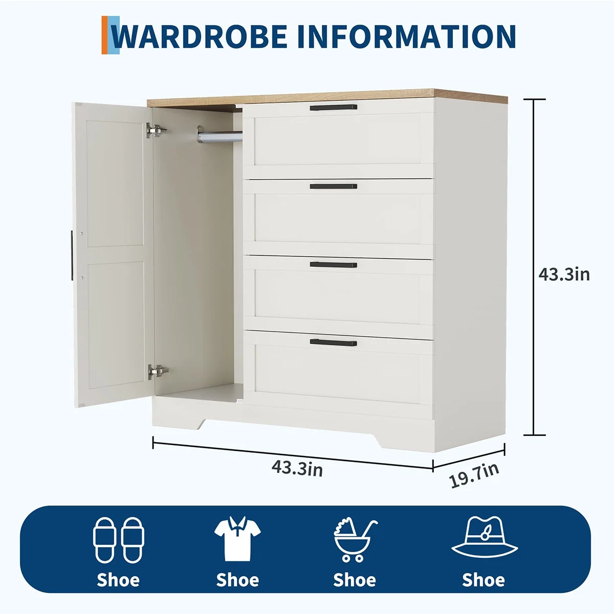 Ataucjin Wood Armoire Wardrobe Closet with 4 Drawers and Door, 43.3" H Bedroom Wardrobe Cabinet with Hanging Rod, Clothing Storage Cabinets, 4 Drawers Dresser with Storage Closet - Image 16