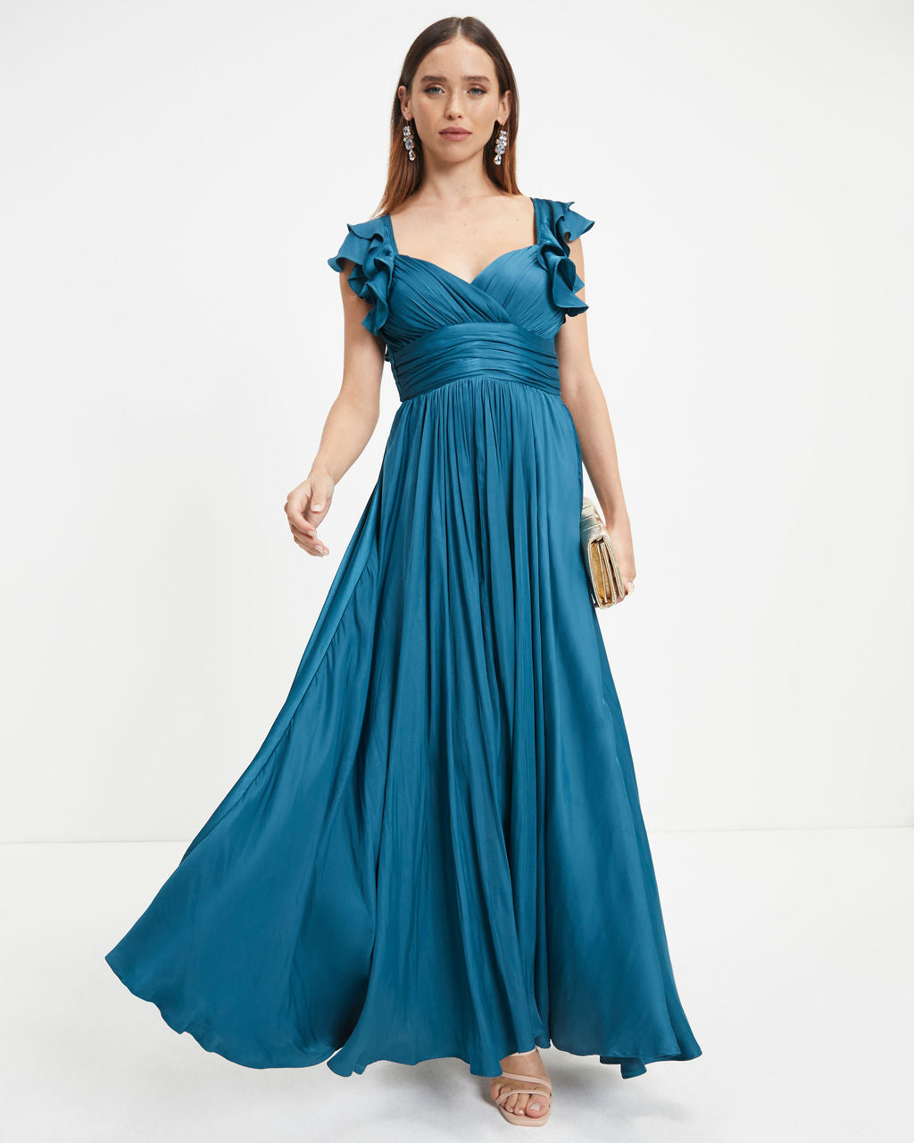 First Class Satin Ruffle Cutout Maxi Dress - Dark Teal - Se7enfashion