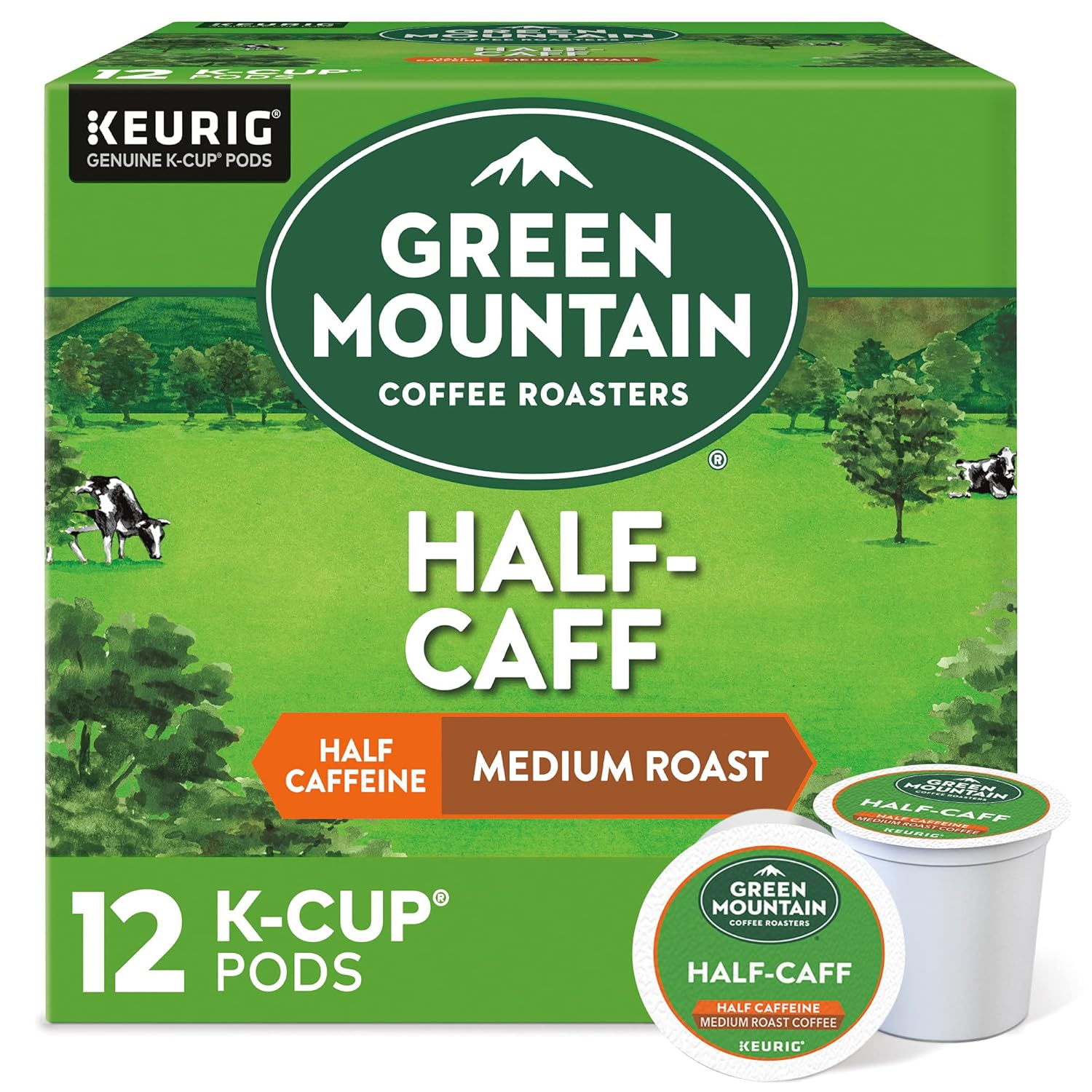 Green Mountain Coffee Roasters Half Caff Keurig Single-Serve K-Cup pods. Medium Roast Coffee. 12 Count
