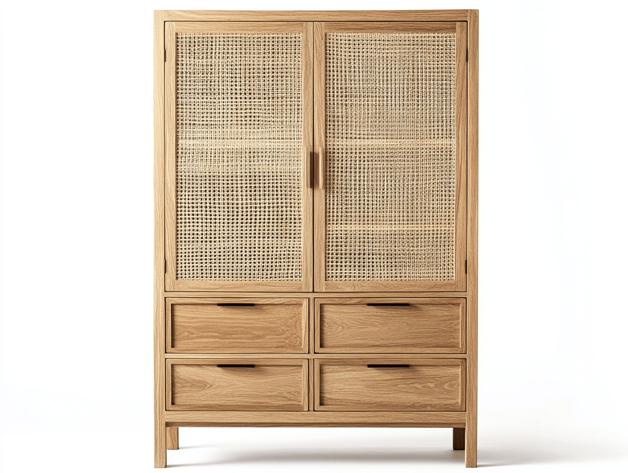 Armario alto con 2 puertas de rejilla y 4 cajones 90×45×180 cm – roble claro – estilo escandinavo
