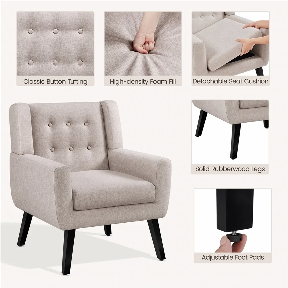 Topeakmart 2PCS Modern Upholstered Accent Armchair with Solid Wood Legs for Living Room, Beige - Image 3