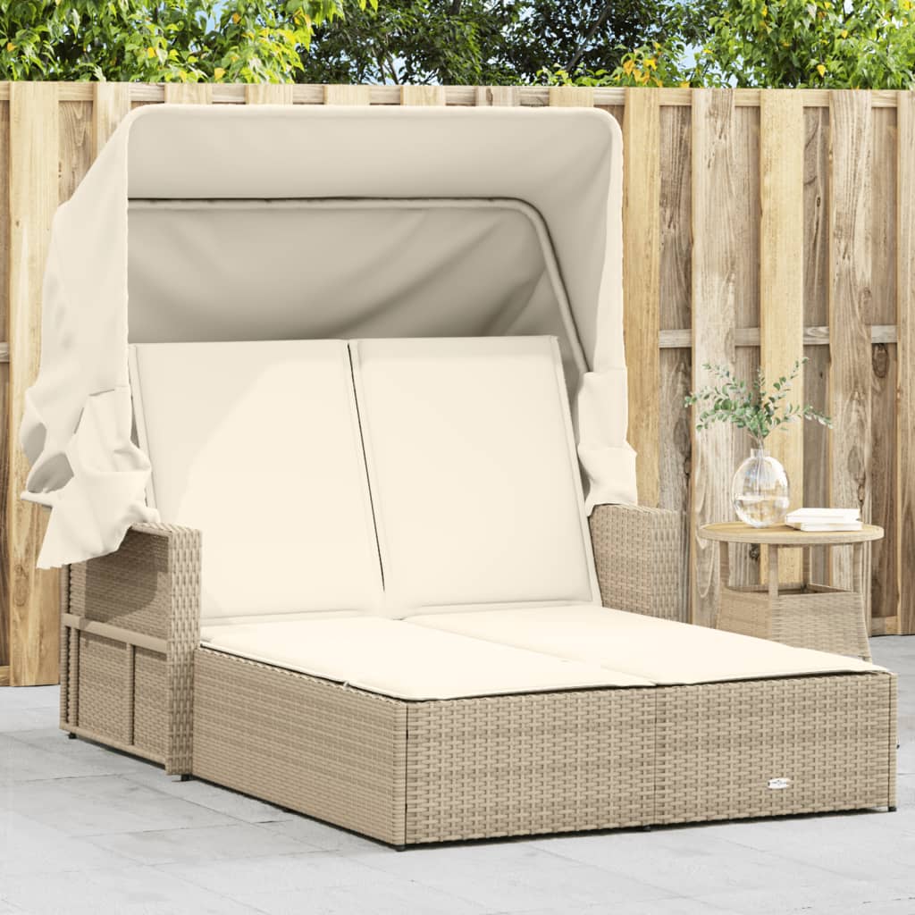 vidaXL Powder Coated Steel Removable Canopy and Cushions Double Sun Lounger, Beige - Image 25