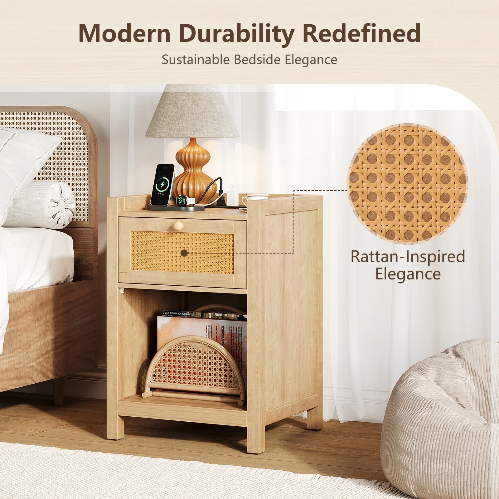 LGHM Nightstand Set of 2 with Charging Station, Farmhouse Bedside Tables Night Stands with Drawer, Boho Side Tables for Bedroom, Living Room, Oak - Image 3