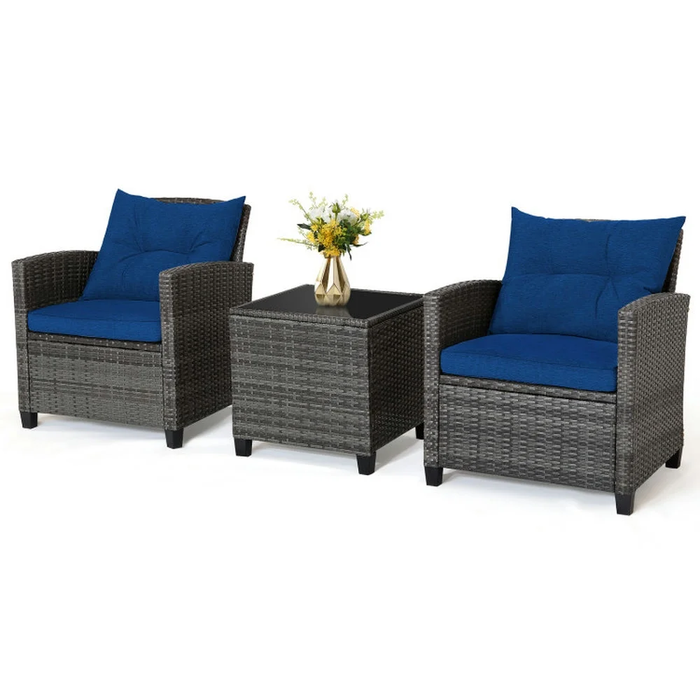 Kadyn Outdoor Seating Sets,Garden Conversation Sets,3 Pieces Outdoor Wicker Conversation Set with Tempered Glass Tabletop-Navy - Image 10
