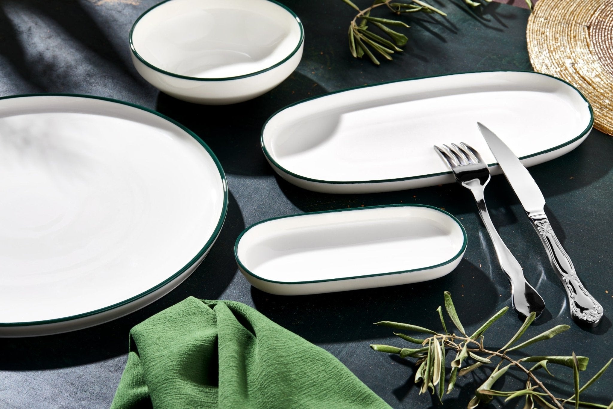 Rinart Diep bord - Green Edge - Porselein - 22 cm (800cc) - set van 6